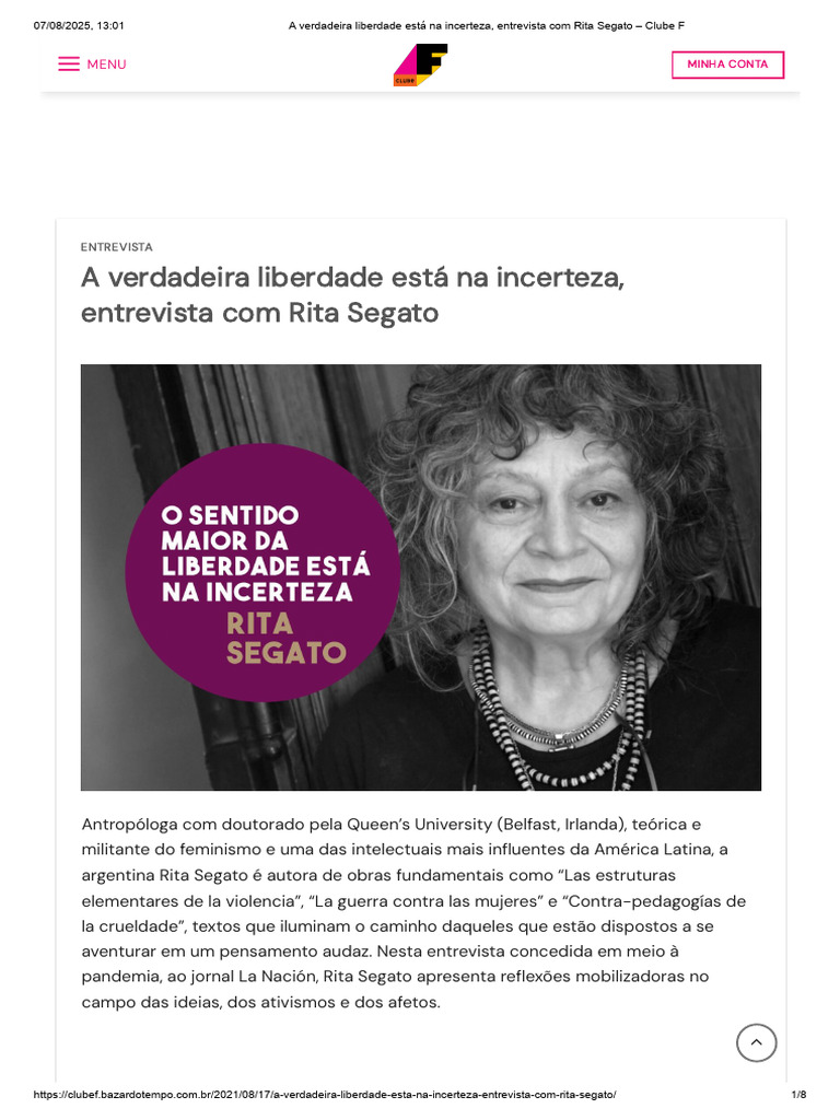 SEGATO, Rita Laura - Entrevista - A Verdadeira Liberdade Está Na ...