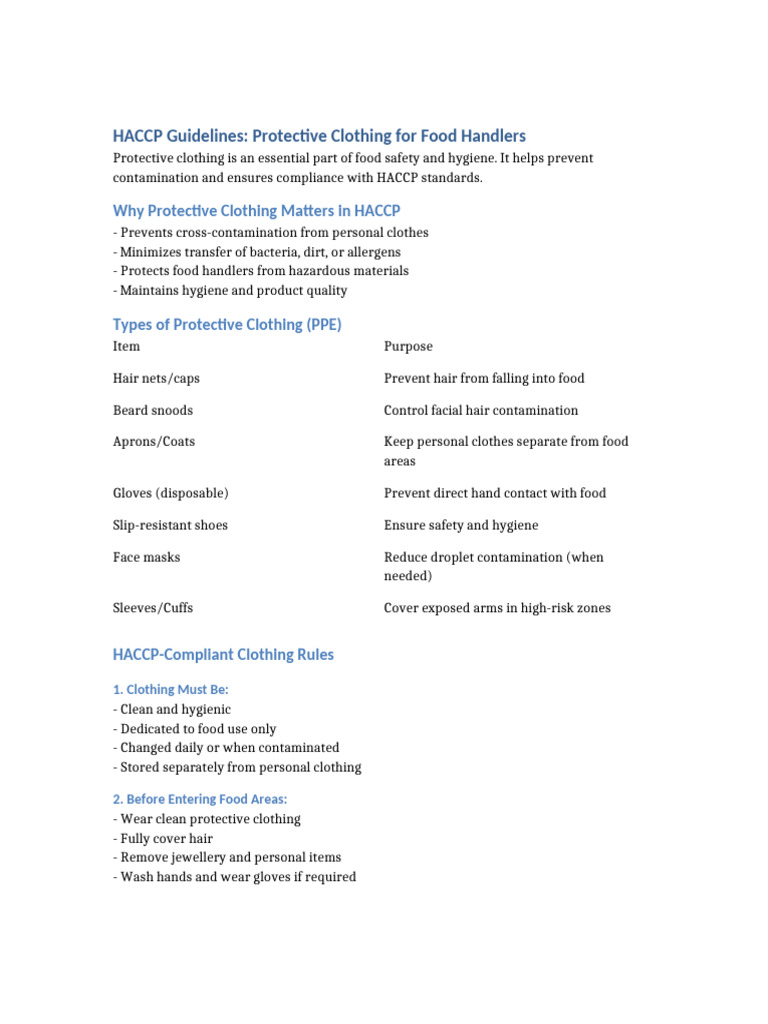 HACCP Guidelines for Food Handler Clothing | PDF