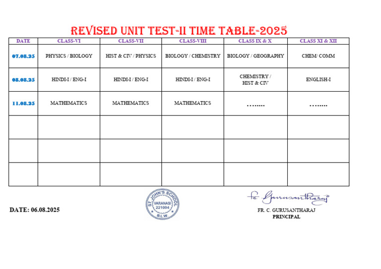 Revised Unit Test II Schedule 2025 | PDF