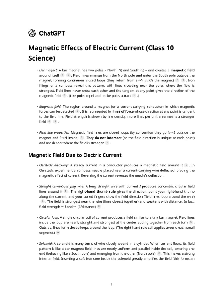 Class 10 Magnetic Effects of Current Notes | PDF | Electromagnetic ...