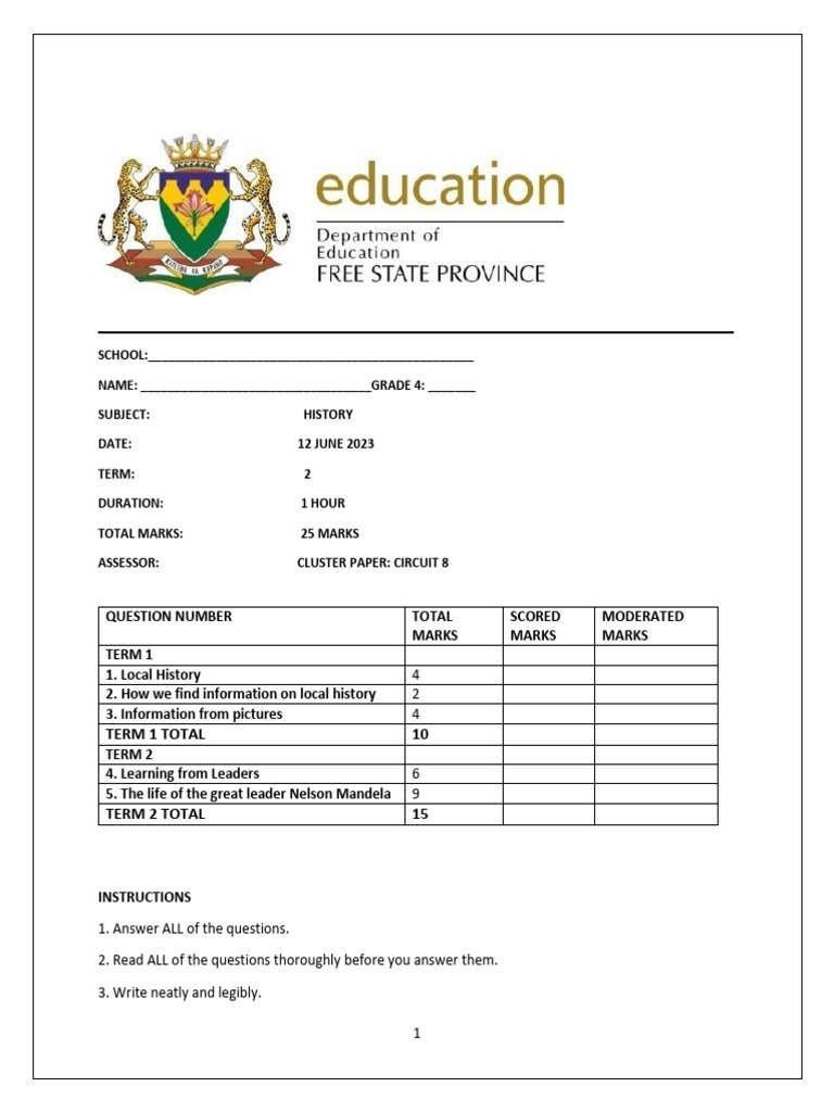 Grade 4 History Term 2 Exam Paper | PDF | Nelson Mandela | Politics Of ...
