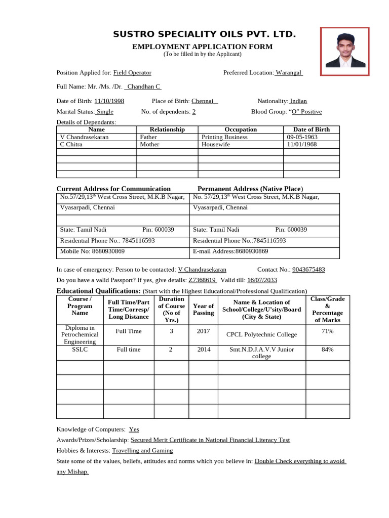 SSOPL - Employee Application Form | PDF