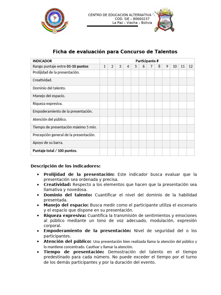 Ficha de Evaluación para Concurso de Talentos | PDF