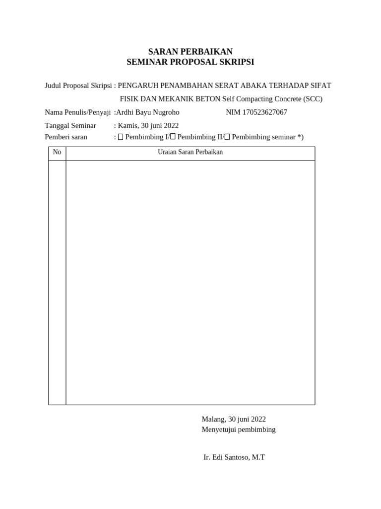 Saran Perbaikan Proposal Skripsi Beton SCC | PDF