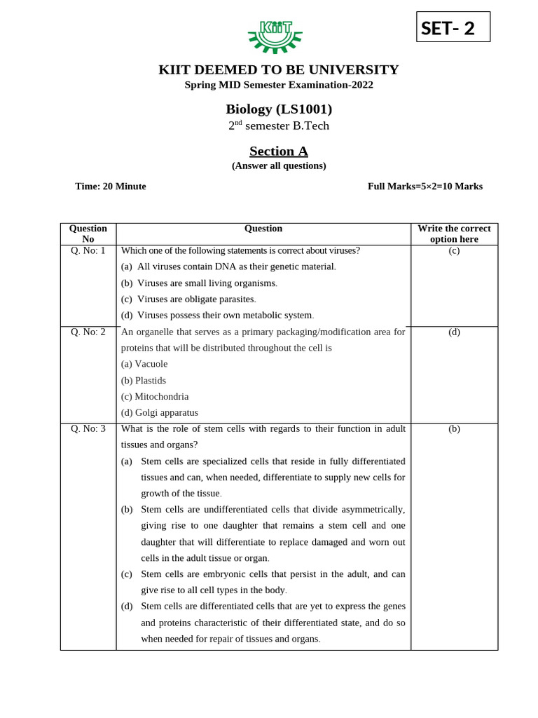 Biology Midsem SET 2 | PDF | Cell (Biology) | Cellular Differentiation
