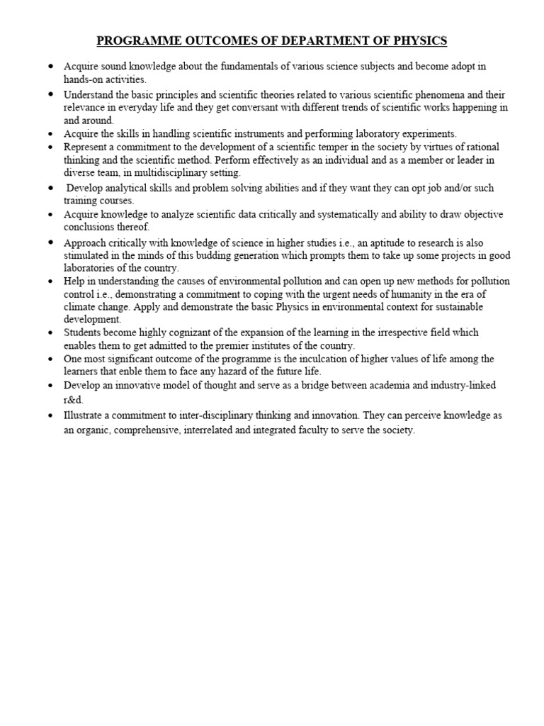 Programme Outcomes of Department of Physics | PDF | Physics ...