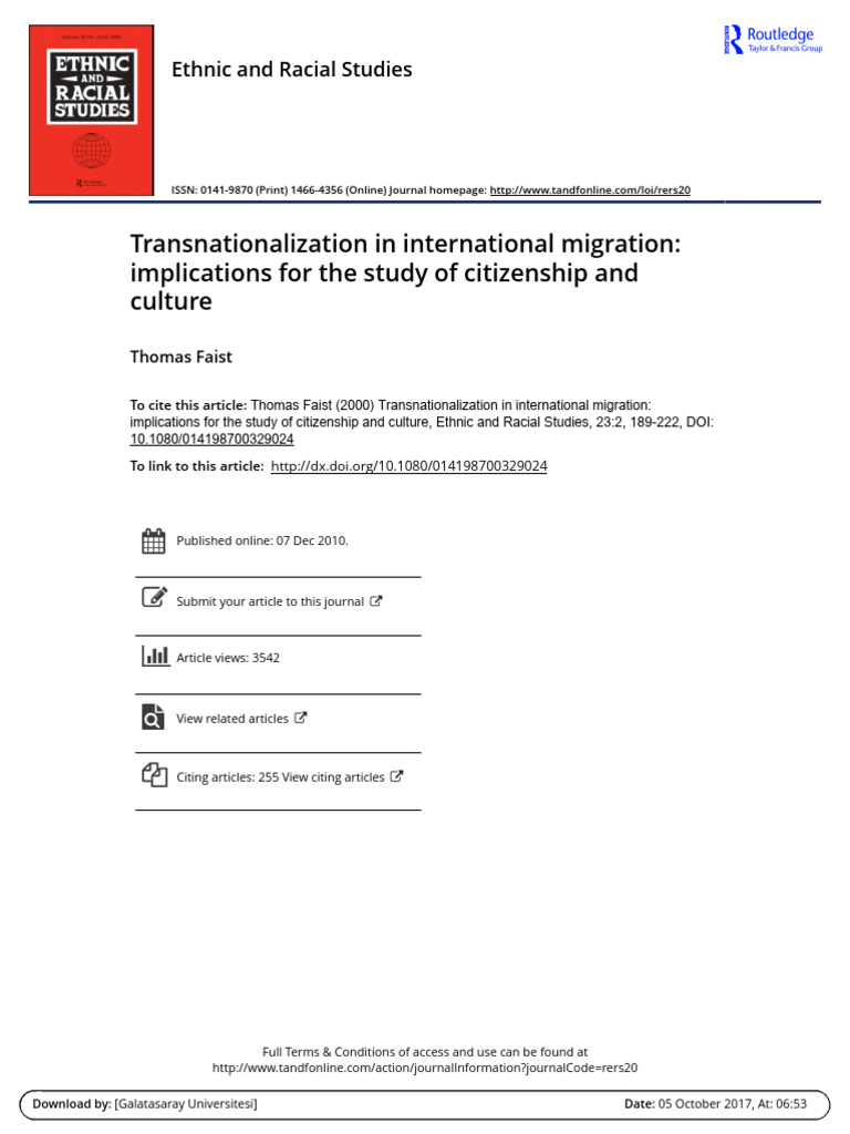 Transnationalization in Migration Studies | PDF | Immigration | Human ...