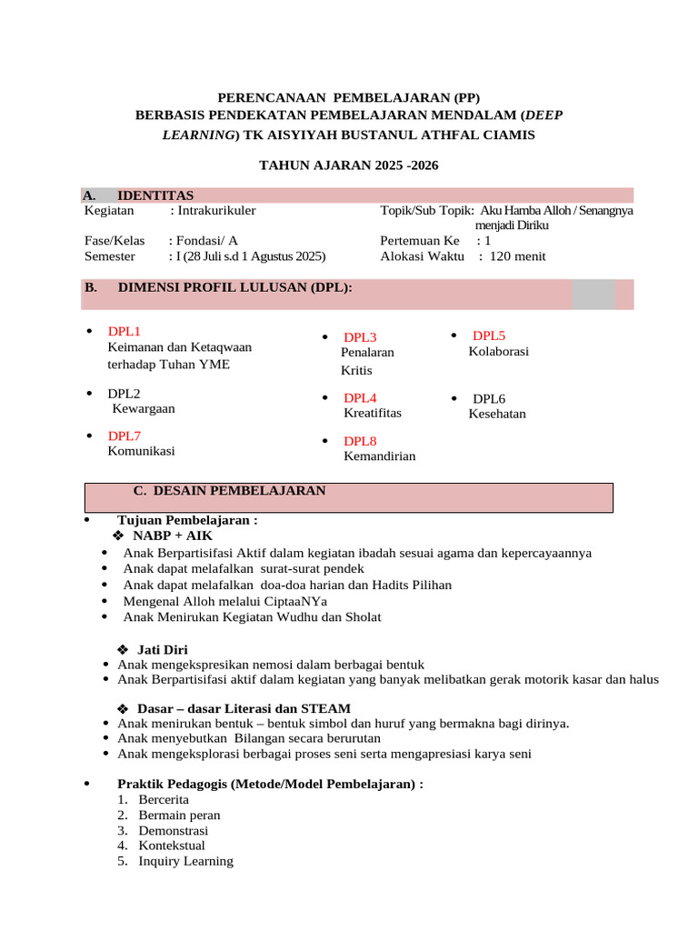 Rencana Pembelajaran Deep Learning TK 2025 | PDF