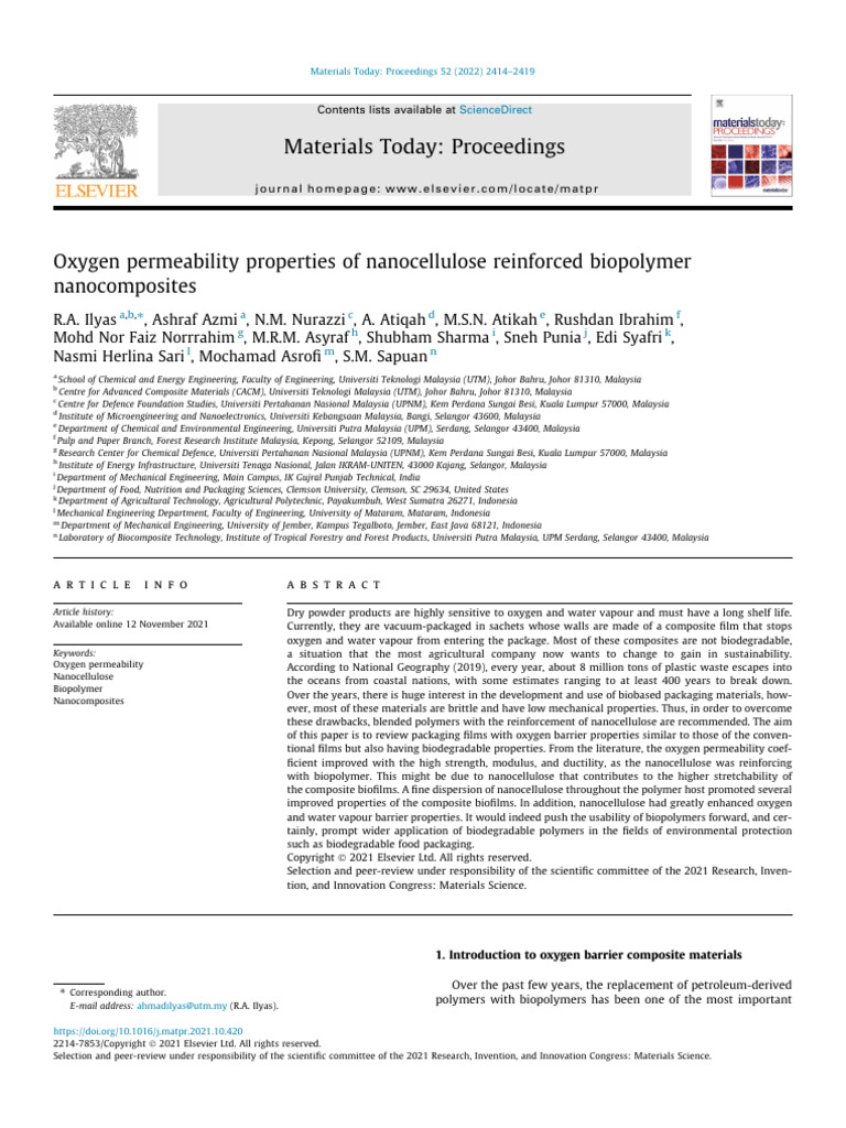 Oxygen permeability properties of nanocellulose reinforced biopolymer ...
