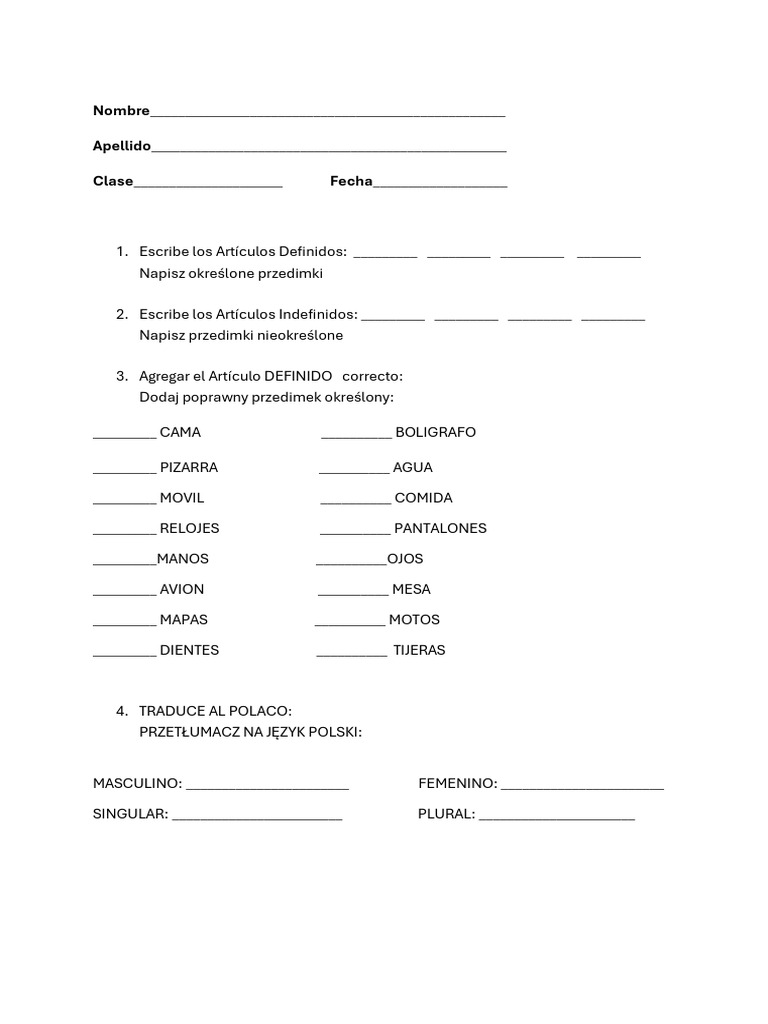 Ejercicios de Artículos en Español | PDF