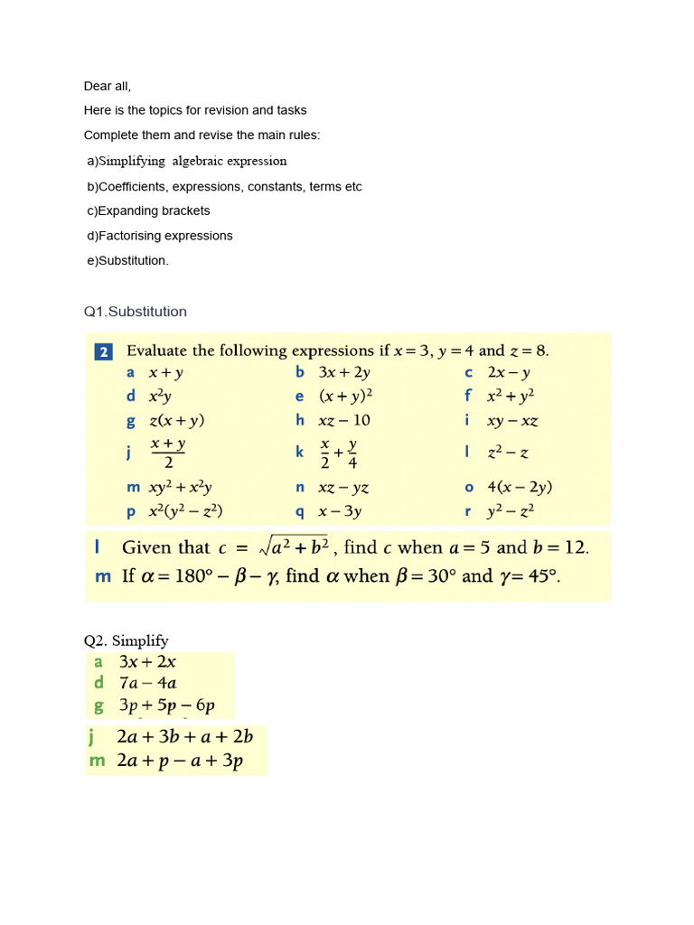 Algebra Revision: Expressions & Tasks | PDF
