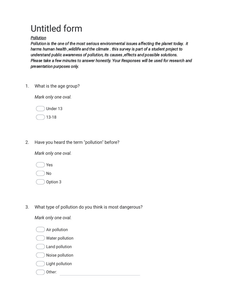 Pollution Awareness Survey Example | PDF