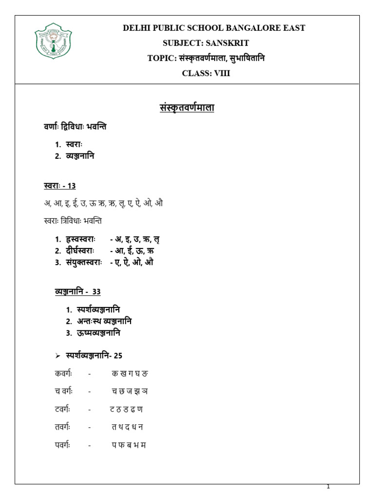 Delhi Public School Bangalore East Subject: Sanskrit Topic: Class: Viii ...