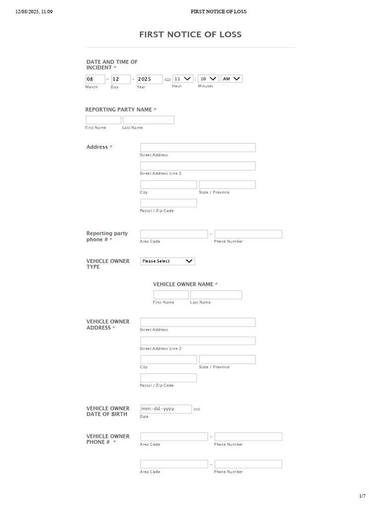 First Notice of Loss Form | PDF | Insurance | Deductible