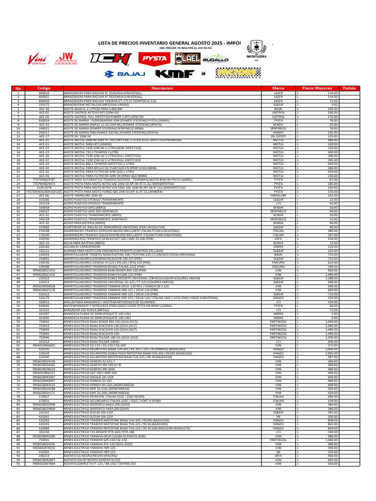Lista General de Precios Agosto 2025 Excel - Importadora Lael