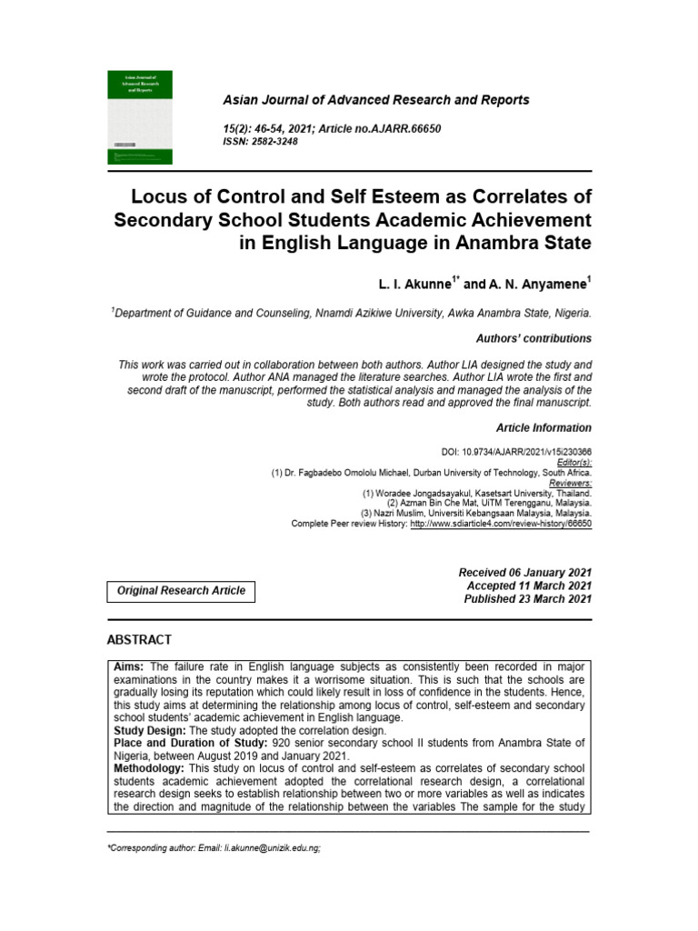 Locus of Control & Self-Esteem in Students | PDF | Self Esteem | Statistics