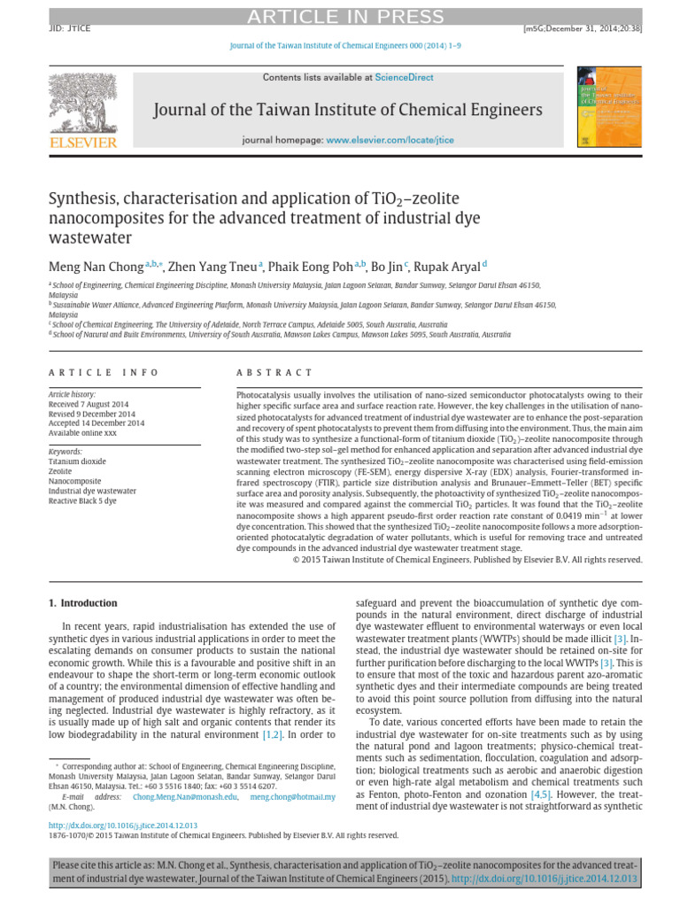 TiO2-Zeolite Nanocomposites for Dye Wastewater | PDF | Titanium Dioxide ...