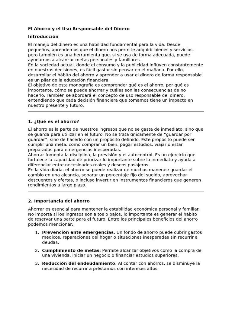 Ahorro y Uso Responsable del Dinero | PDF | Ahorro | Educación financiera