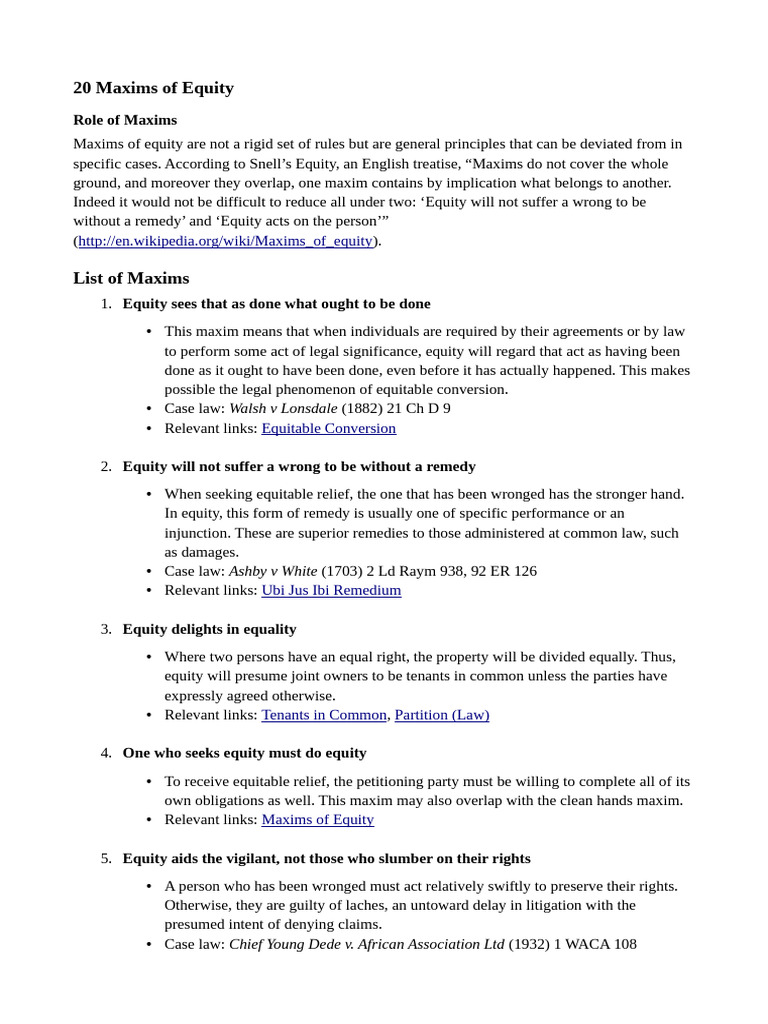 20 Maxims of Equity Explained | PDF | Equity (Law) | Judiciaries