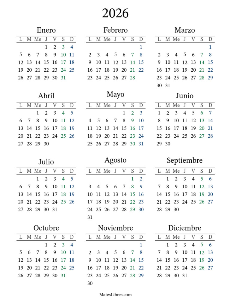 Calendario 2026 para Imprimir Gratis | PDF
