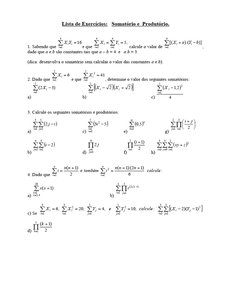 Exercicios Somatorio e Produtorio I | PDF | Matemática | Notação matemática
