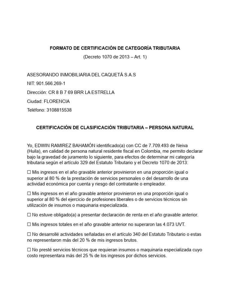 Certificación Tributaria Persona Natural | PDF