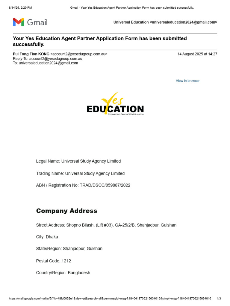 Yes Education Agent Partner Application Form Has Been Submitted ...
