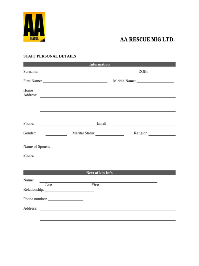 AA Rescue Staff Personal Details Form | PDF