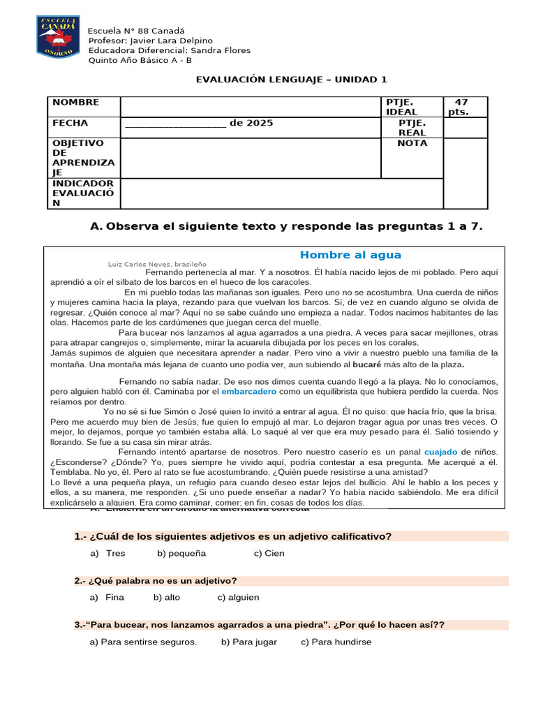 Evaluación de Lenguaje Quinto Básico | PDF