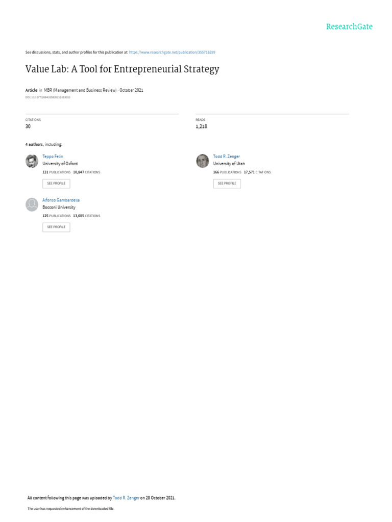 Value Lab: Entrepreneurial Strategy Tool | PDF | Entrepreneurship | Theory