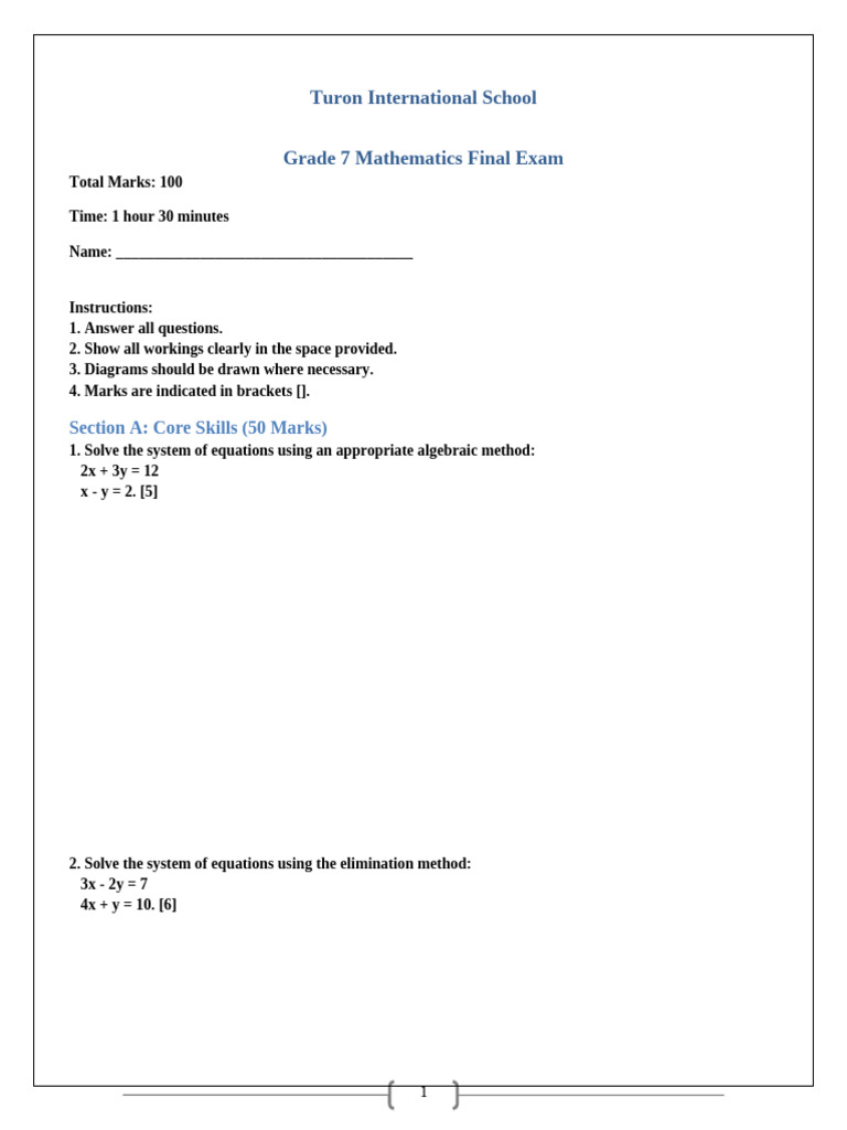 Grade 7 Math Final Exam Guide | PDF | Equations | Mean