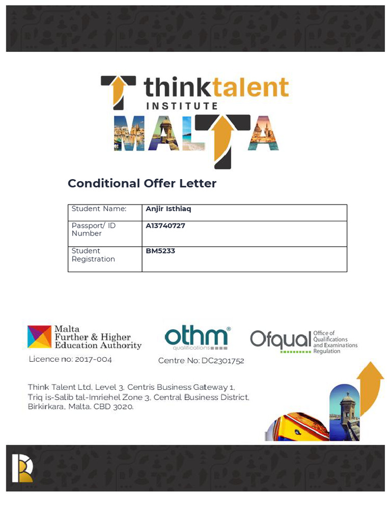Conditional Offer Letter for Diploma Course | PDF