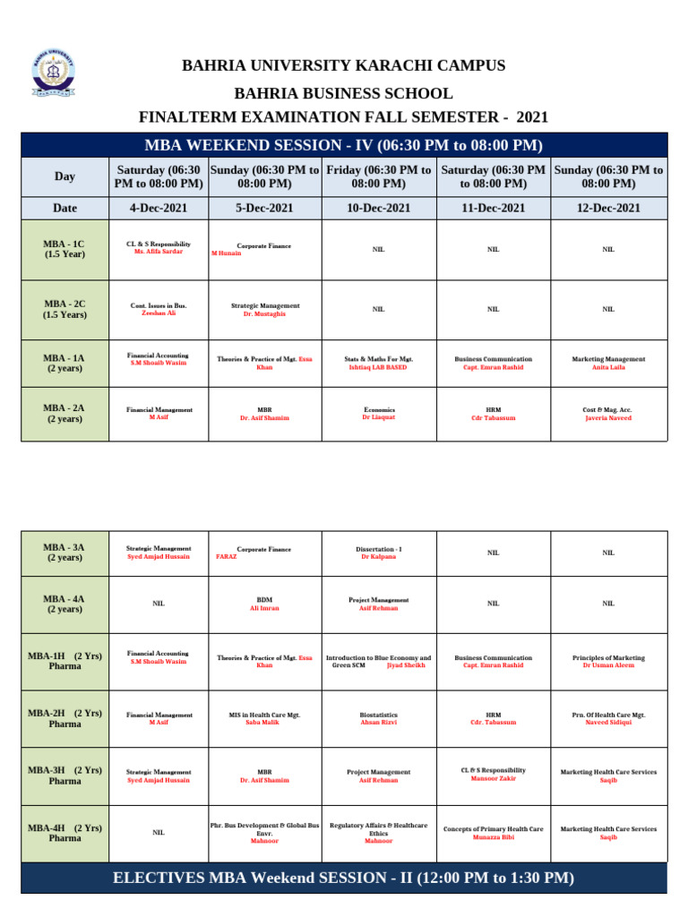 Bahria University MBA Weekend Timetable | PDF | Business Economics ...