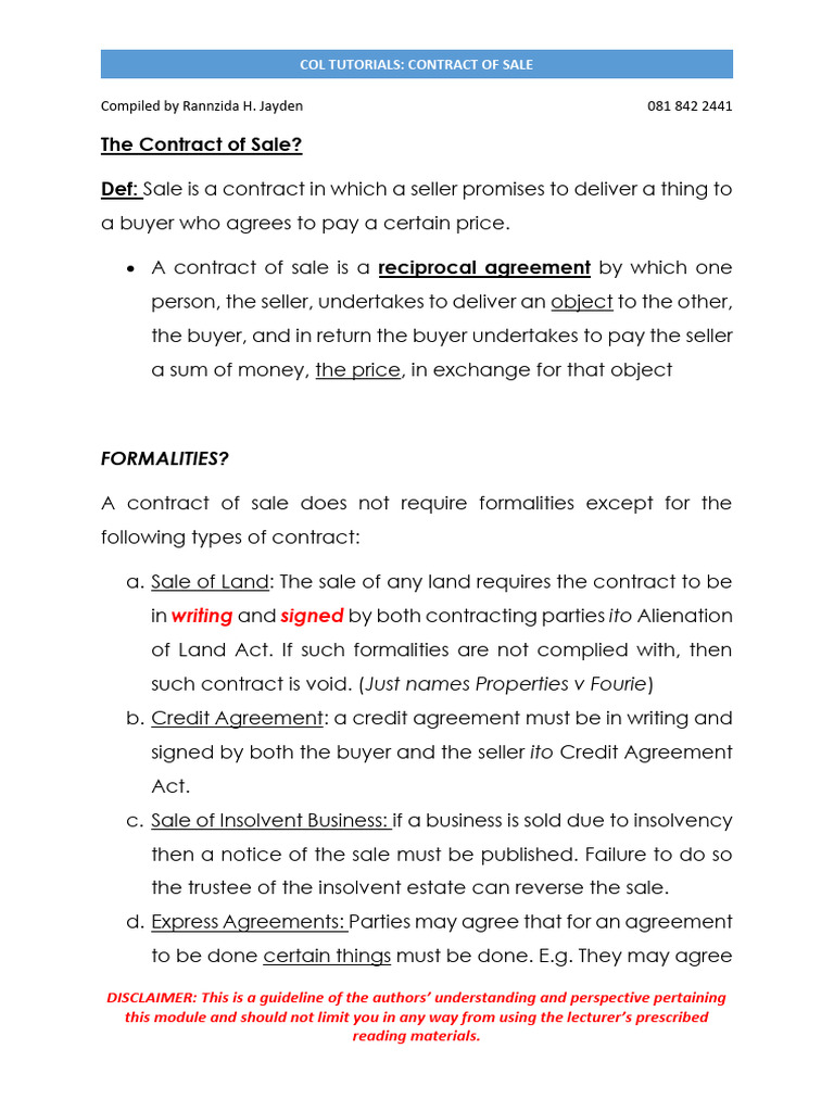 Understanding Contracts of Sale | PDF | Implied Warranty | Civil Law ...