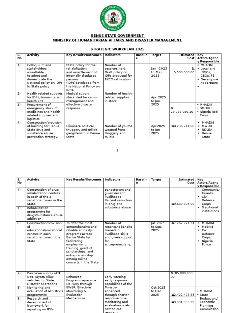 MHADM Work Plan 2025 | PDF | Internally Displaced Person