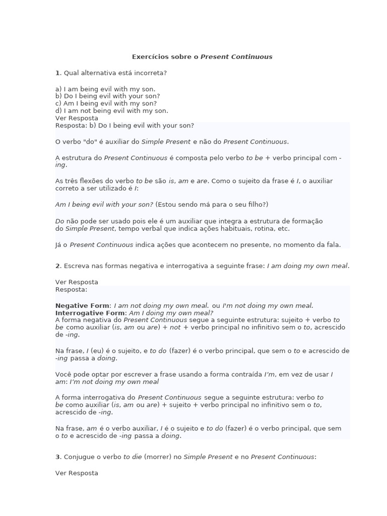 Exercícios de Present Continuous | PDF | Assunto (gramática) | Linguística