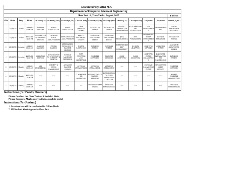 August 2025 Class Test Timetable | PDF | Artificial Intelligence ...