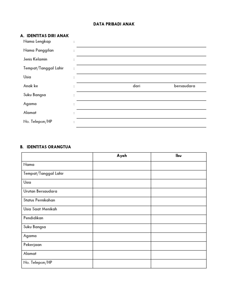 Formulir Data Pribadi Anak | PDF