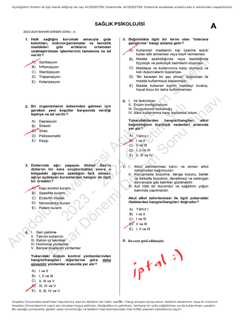 Sağlık Psikolojisi-Çıkmış Sorular 2 | PDF