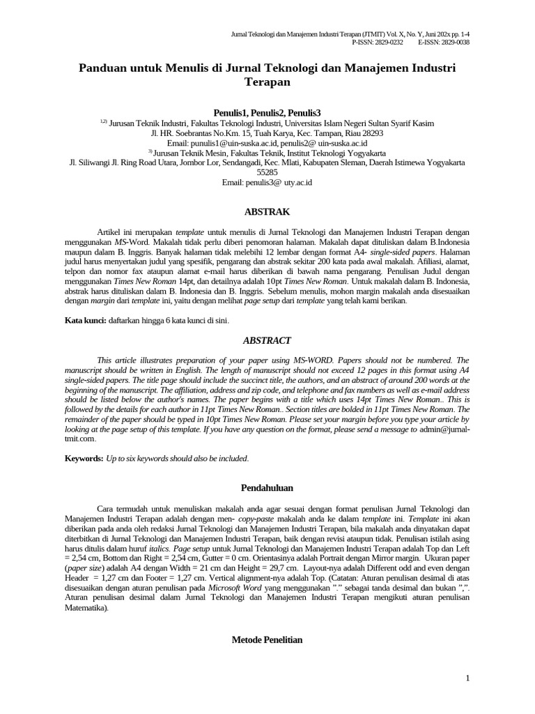 Template Jurnal Teknologi Dan Manajemen Industri Terapan | PDF