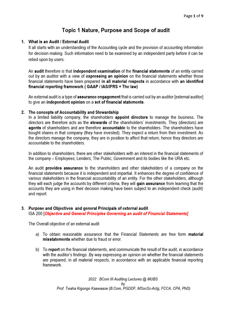 2022 TOPIC 1 - Nature Purpose and Scope of An Audit | PDF | Audit ...