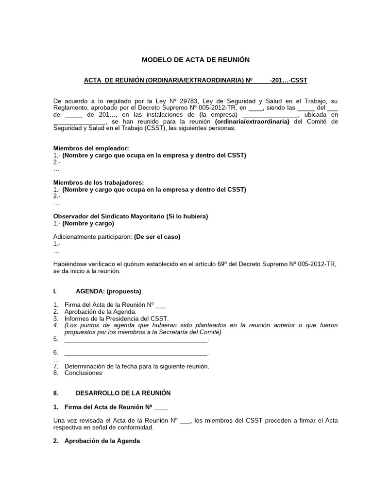 Modelo de Acta de Reunión CSST | PDF | Gobierno
