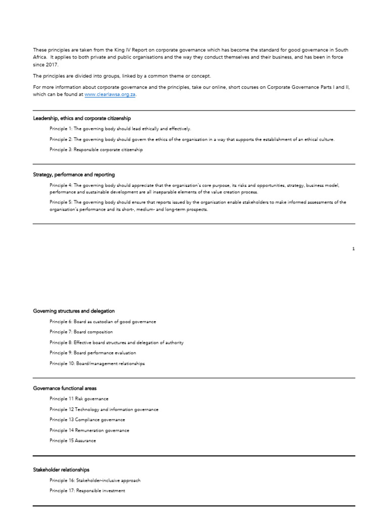 The 17 Principles of King IV On Corporate Governance | PDF