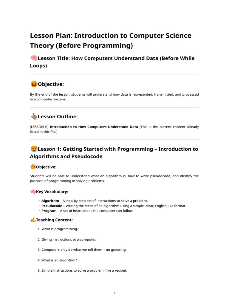 Intro to Computer Science Lesson Plan | PDF | Algorithms | Computer ...