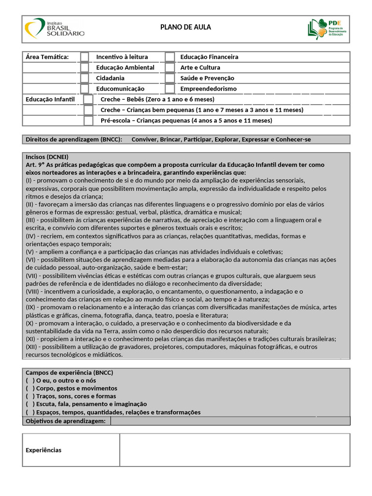 Modelo Plano de Aula Educacao Infantil | PDF | Educação Infantil