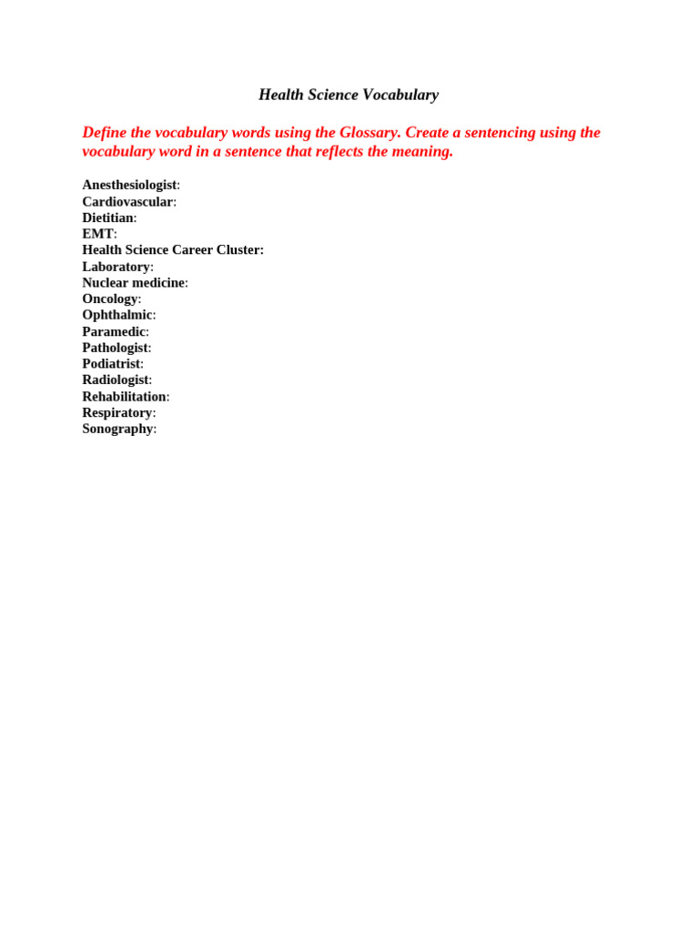 Health Science Vocabulary Guide | PDF