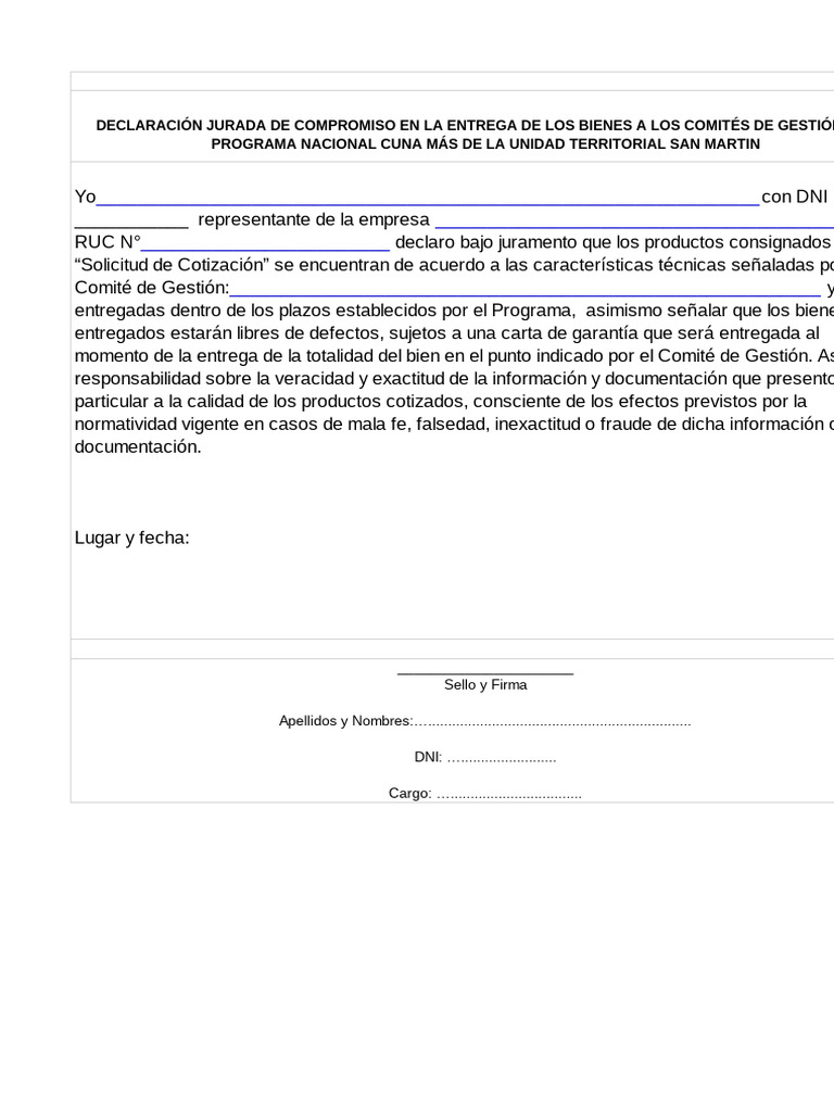 Declaración Jurada de Compromiso Cuna Más | PDF