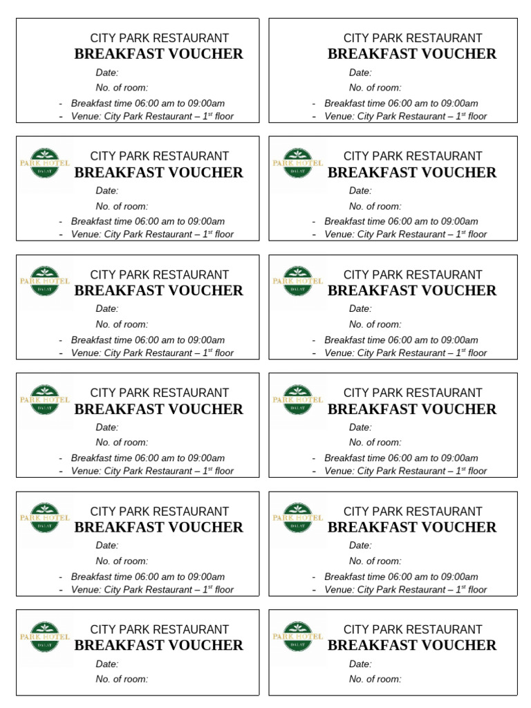City Park Restaurant Breakfast Voucher | PDF