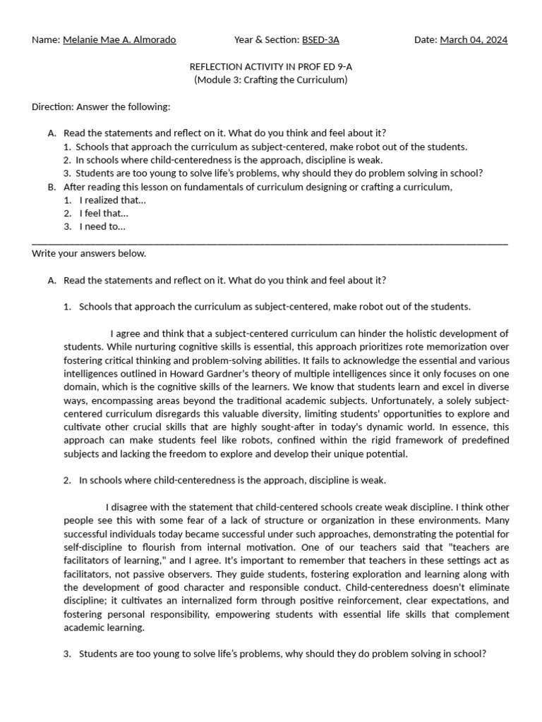 Reflection on Curriculum Design | PDF | Learning | Curriculum
