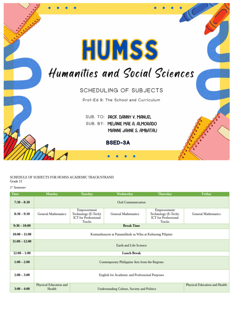 HUMSS Academic Track Subject Schedule | PDF | Academic Term